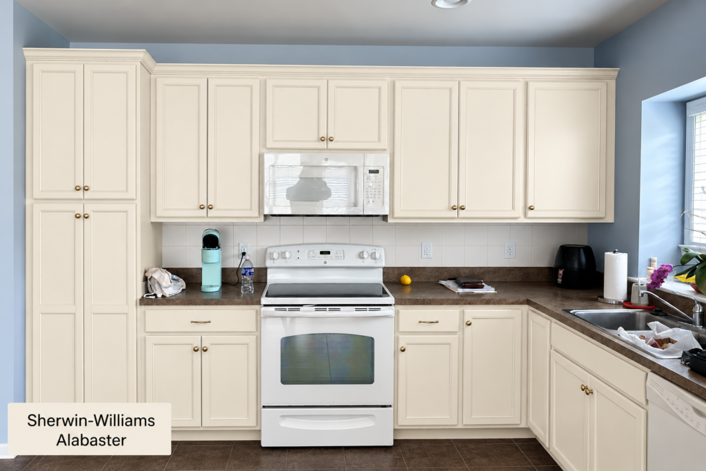 AI paint color rendering showing kitchen cabinets in Sherwin-Williams Alabaster