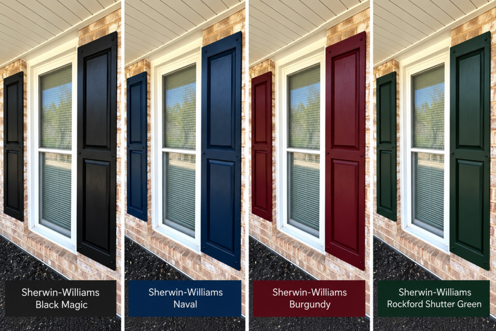 Before and after AI paint color mockup showing exterior shutters in different Sherwin-Williams colors
