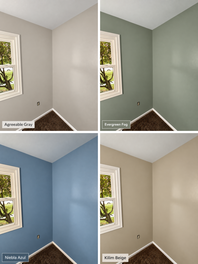 AI room rendering showing walls changed to Sherwin-Williams Agreeable Gray